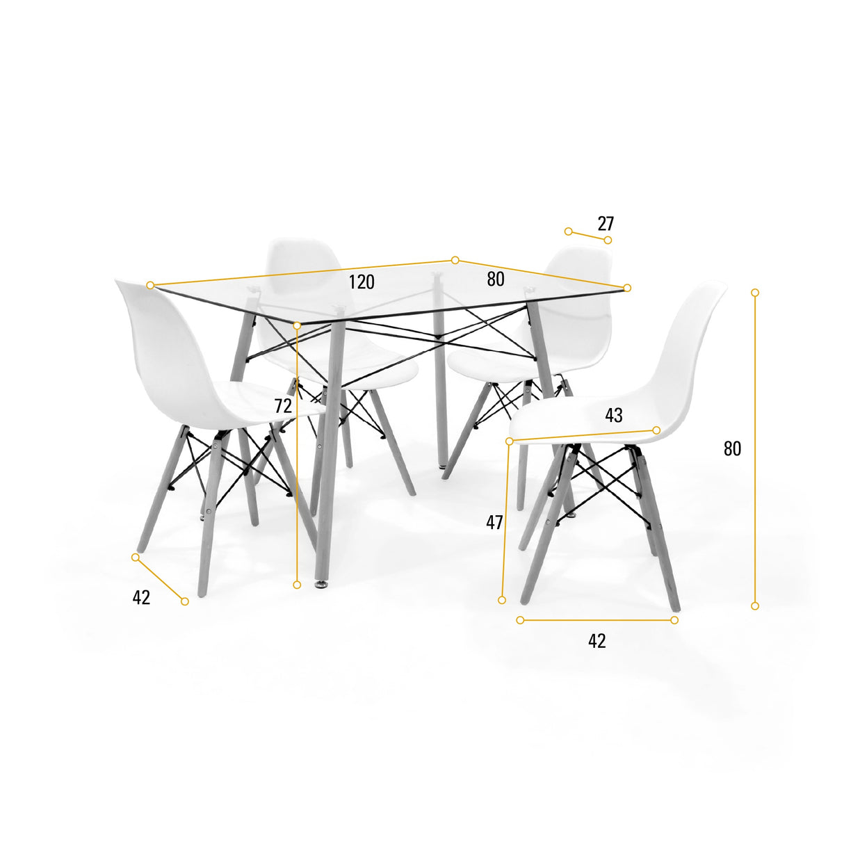 Juego de comedor Belfast Blanco y Matiz Natural 120x72cm Rectangular de Patas Cuatro Puestos con Cuatro Sillas