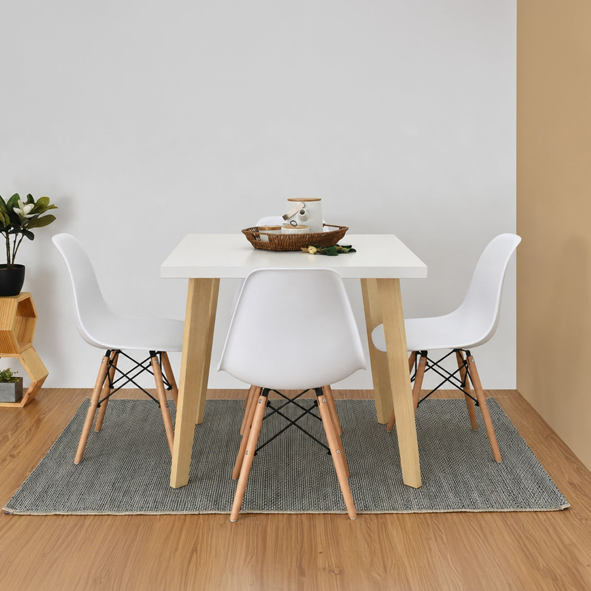Juego de comedor Lyon Blanco y Matiz Natural 76x76cm Cuadrado de Patas Cuatro Puestos con Cuatro Sillas