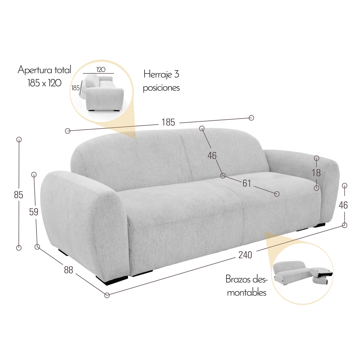 Sofacama Auren Beige y Matiz Wengue 240x85cm de Tres Puestos Reclinable con Apoya Brazos