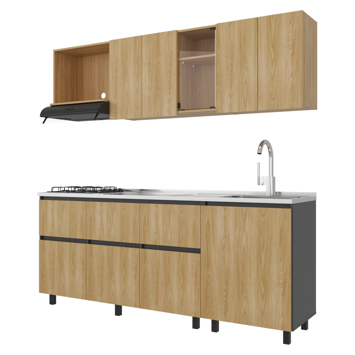Cocina Lirio Fresno Europeo 212x155.3cm con Mesón de Acero Inoxidable Lado Derecho y con Estufa