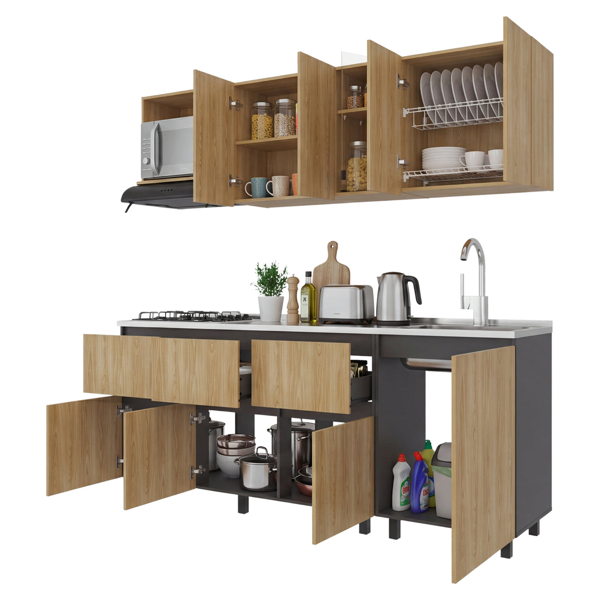 Cocina Lirio Fresno Europeo 212x155.3cm con Mesón de Acero Inoxidable Lado Derecho y con Estufa