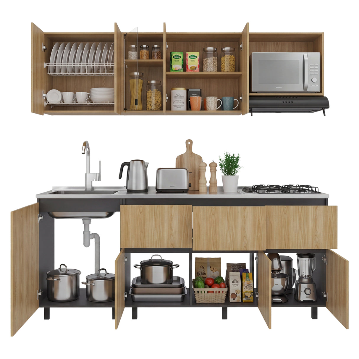 Cocina Lirio Fresno Europeo 212x155.3cm con Mesón de Acero Inoxidable Lado Izquierdo y con Estufa