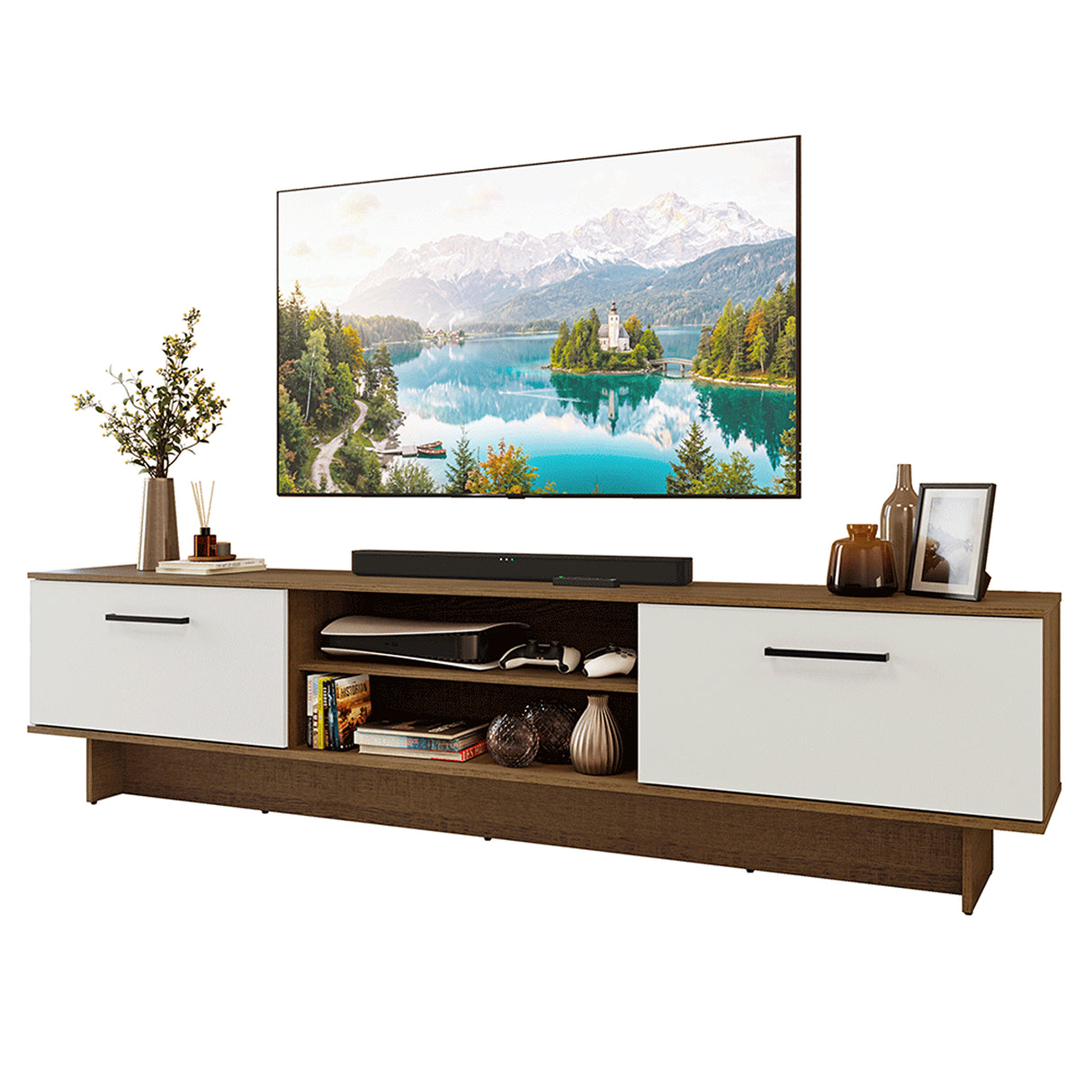 Rack de TV Agata Marrón y Blanco 218x52cm para TV Hasta 80 Pulgadas con Cinco Cajones