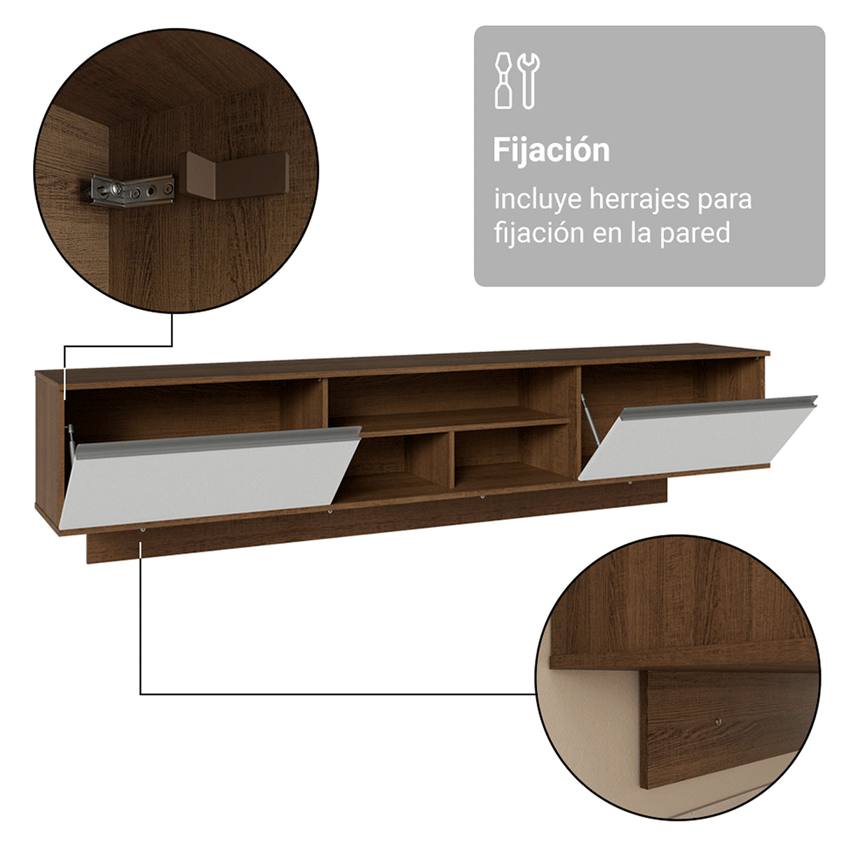 Rack de TV Glamy Marrón y Blanco 218x52cm para TV Hasta 80 Pulgadas Flotante con Cinco Cajones