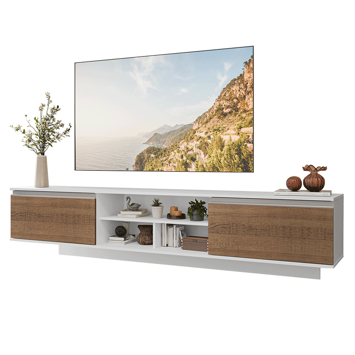 Rack de TV Glamy Blanco y Marrón 218x52cm para TV Hasta 80 Pulgadas Flotante con Cinco Cajones