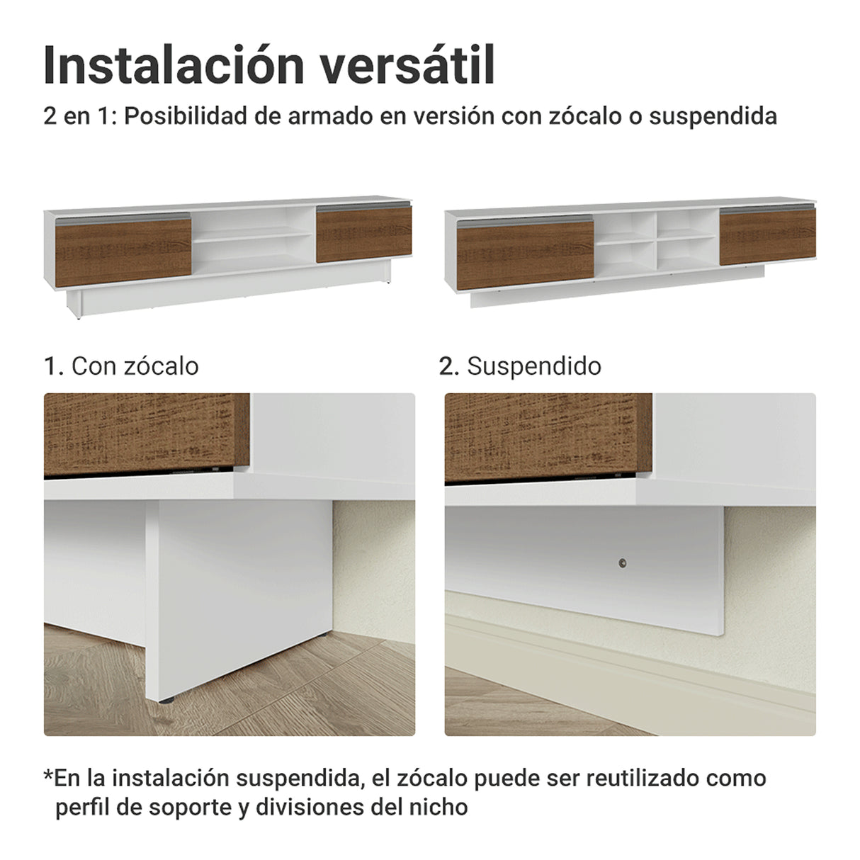 Rack de TV Glamy Blanco y Marrón 218x52cm para TV Hasta 80 Pulgadas Flotante con Cinco Cajones