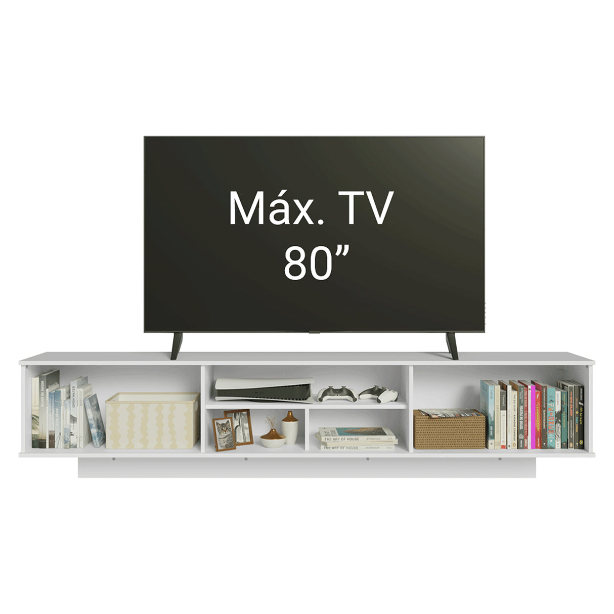 Rack de TV Glamy Blanco y Marrón 218x52cm para TV Hasta 80 Pulgadas Flotante con Cinco Cajones