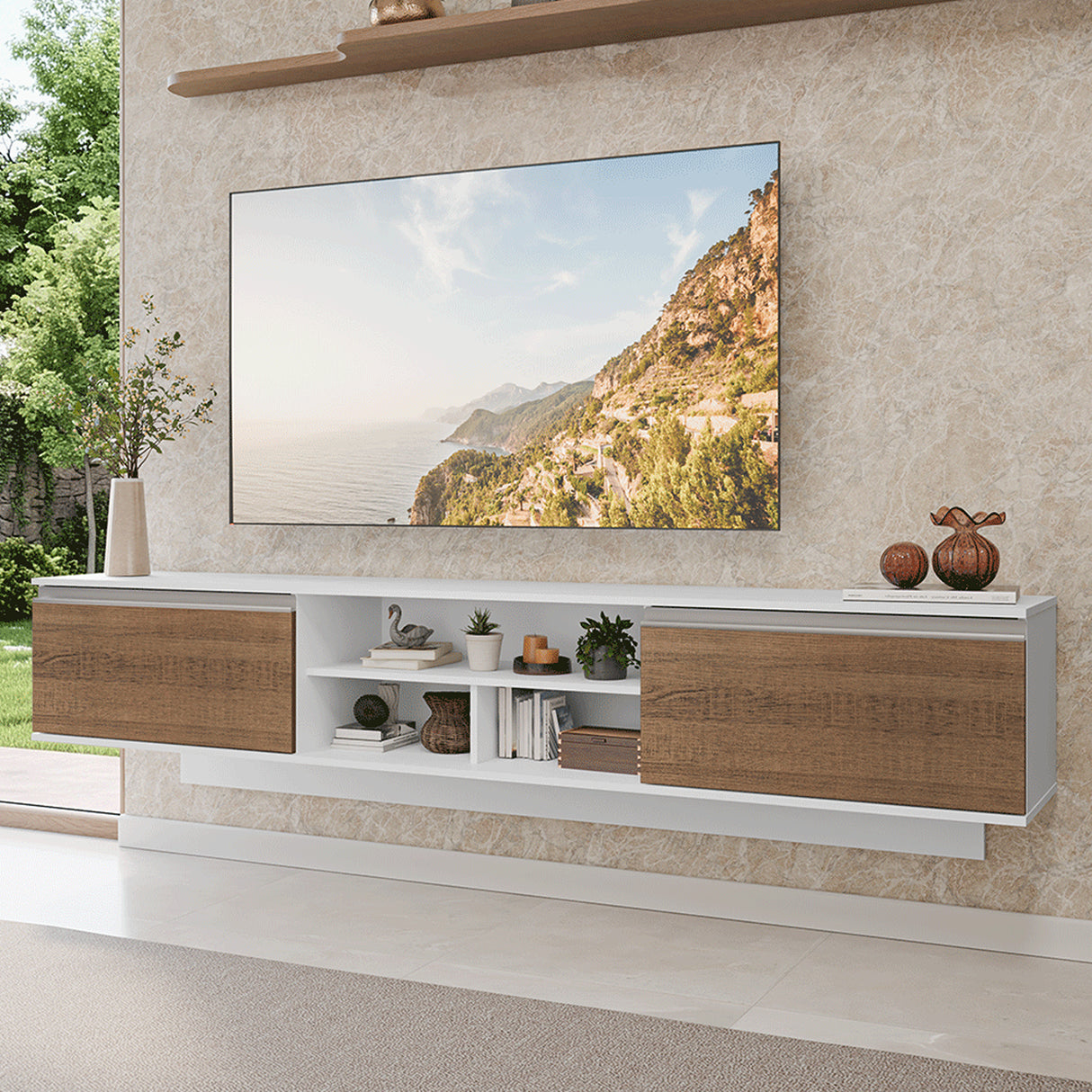 Rack de TV Glamy Blanco y Marrón 218x52cm para TV Hasta 80 Pulgadas Flotante con Cinco Cajones