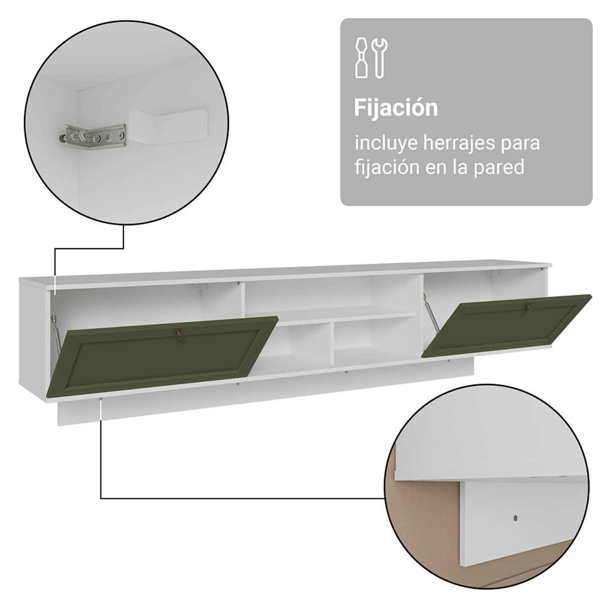 Rack de TV Vik Blanco y Verde 218x52cm para TV Hasta 80 Pulgadas Flotante con Cinco Cajones