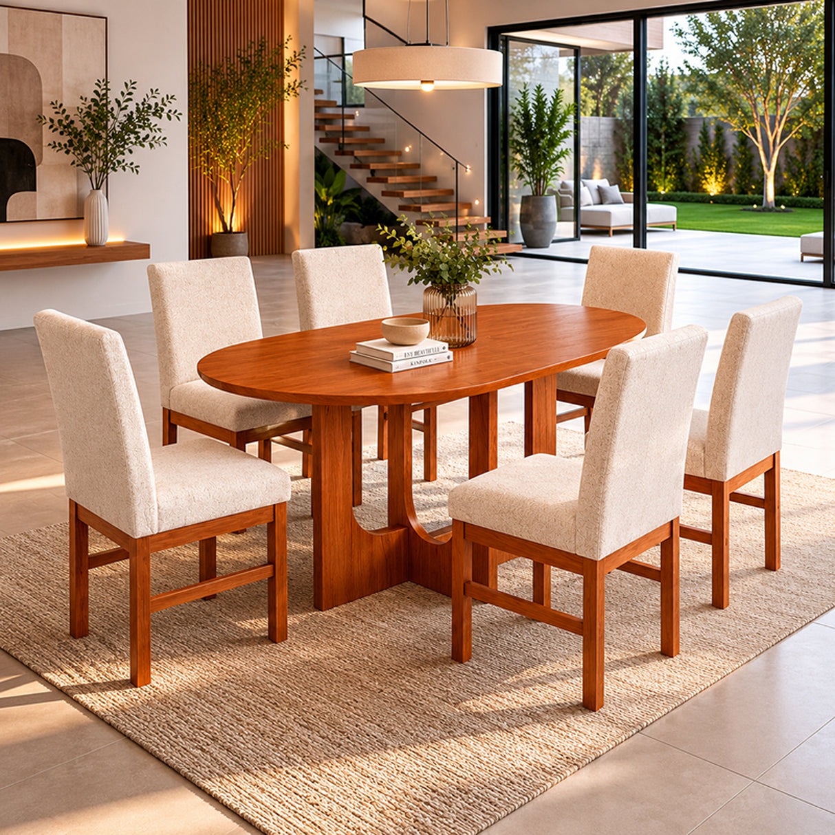 Comedor Providencia Cafe y Beige 100x78cm Ovalado De Seis Puestos con Seis Sillas
