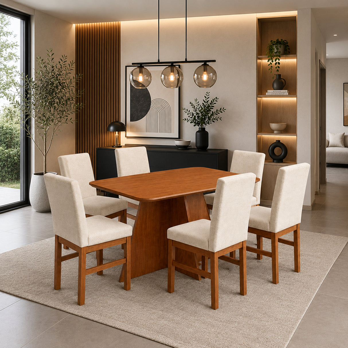Comedor Sumatra Cafe y Beige 120x78cm Cuadrado De Seis Puestos con Seis Sillas
