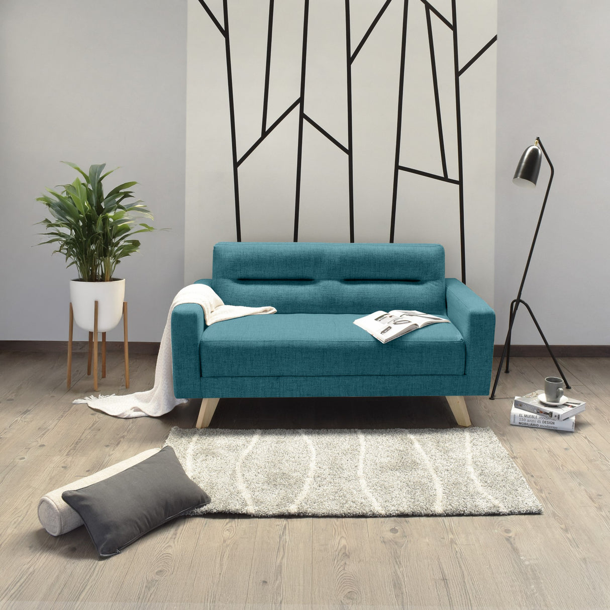 Sofá Barza Petróleo Eureka y Matiz Natural 150x82cm de Dos Puestos con Apoya Brazos