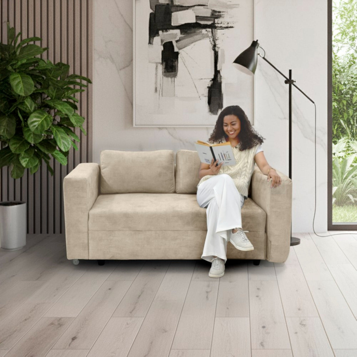 Sofá Cama Baxter Beige Sky 160x68cm de Tres Puestos con Apoya Brazos