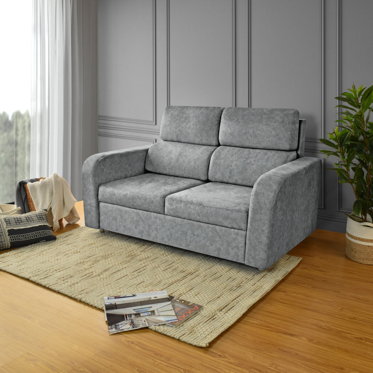 Sofá Bethel Gris Sky y Madera Cromo 148x95cm de Dos Puestos con Apoya Brazos