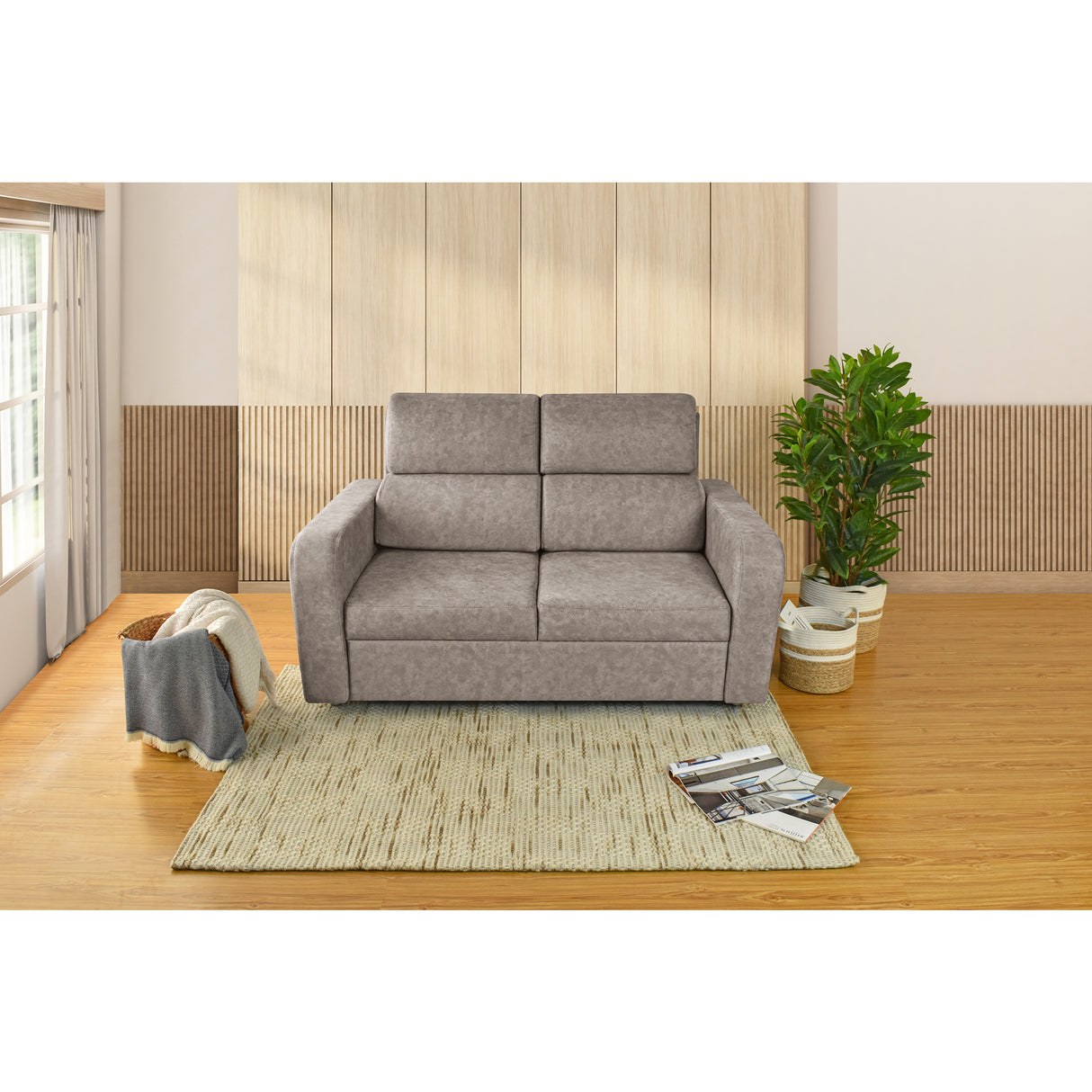Sofá Bethel Taupe Sky y Madera Cromo 148x95cm de Dos Puestos con Apoya Brazos