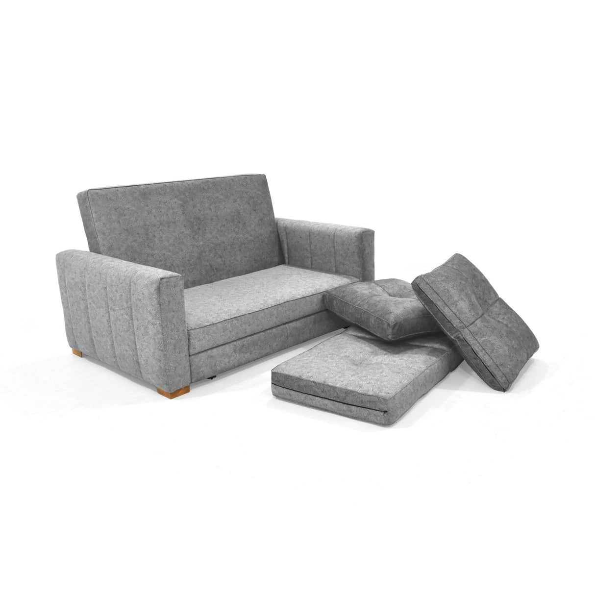 Sofá Cama Doha Gris Sky y Matiz Caoba 150x87cm de Dos Puestos con Apoya Brazos