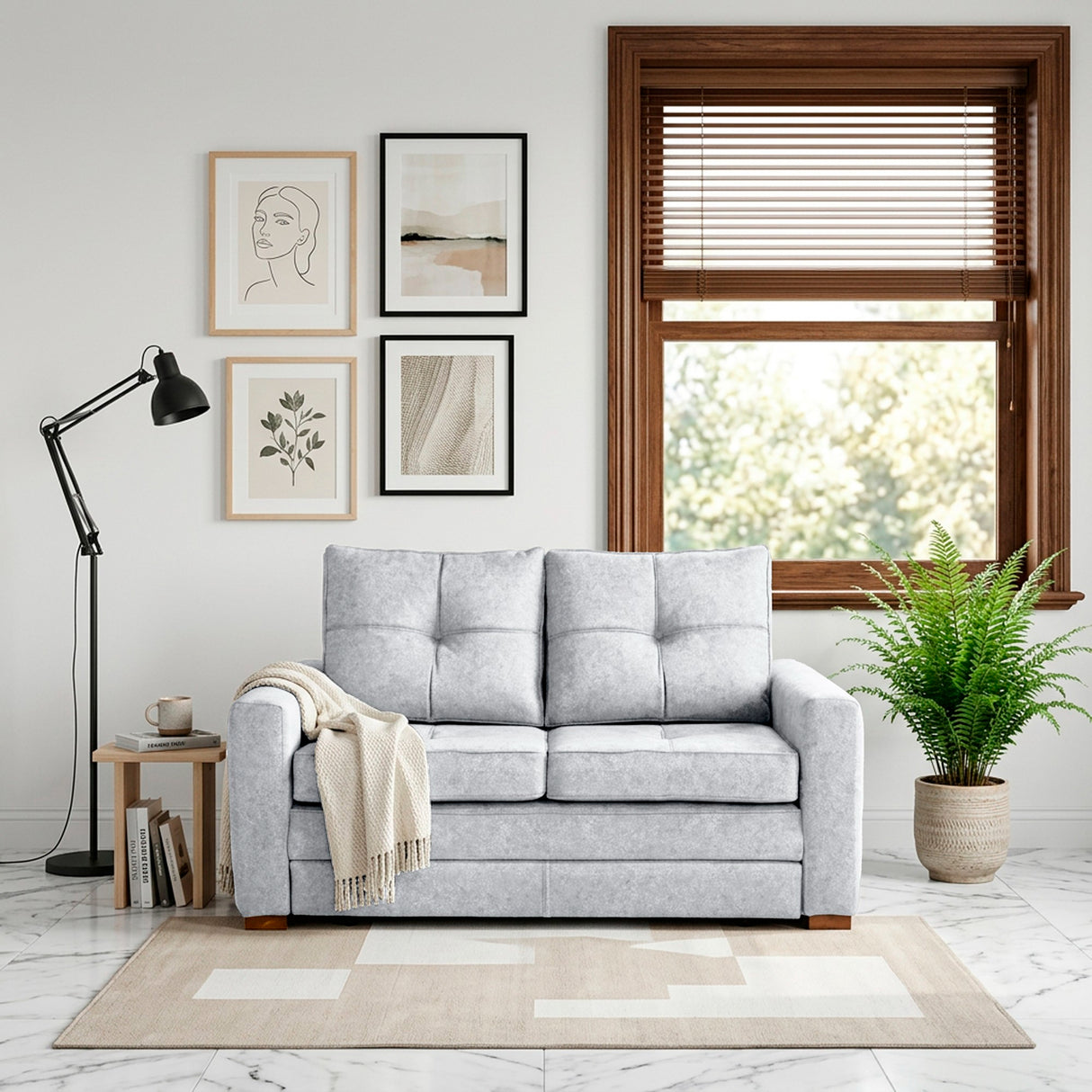 Sofá Cama Doha Plata Sky y Matiz Caoba 150x87cm de Dos Puestos con Apoya Brazos