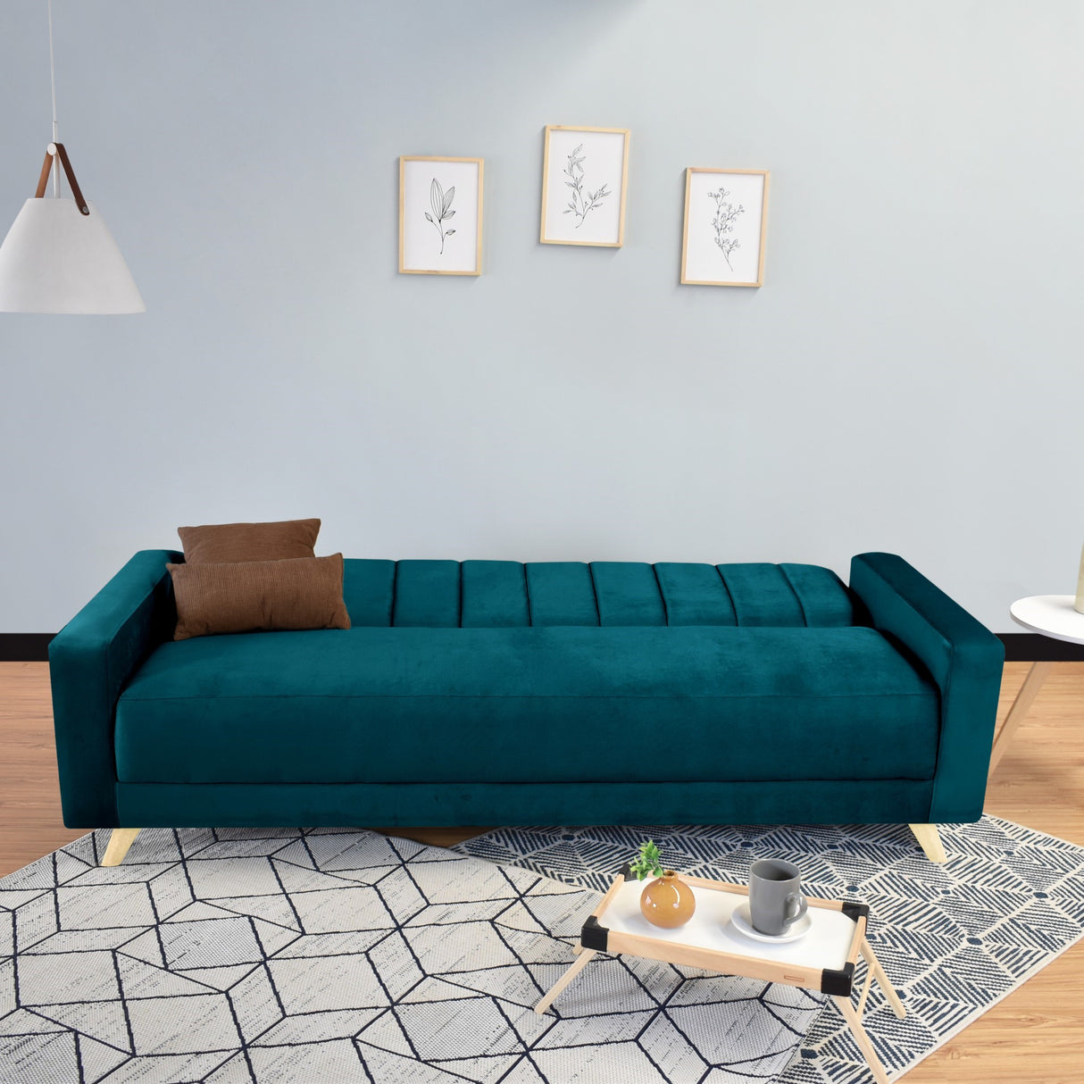 Sofá Cama Dominic Petróleo Denver y Matiz Natural 206x80cm de Tres Puestos Reclinable con Apoya Brazos