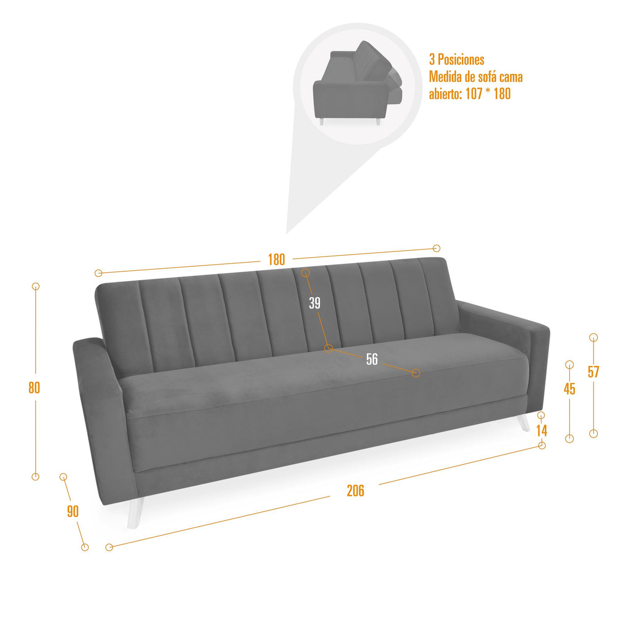 Sofá Cama Dominic Gris Dicosta y Matiz Natural 206x80cm de Tres Puestos Reclinable con Apoya Brazos