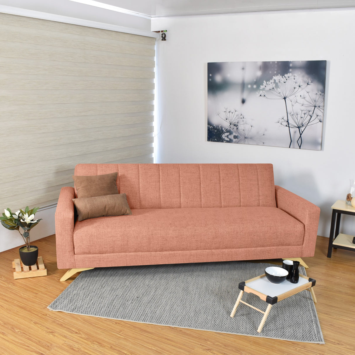 Sofá Cama Dominic Salmón Dicosta y Matiz Natural 206x80cm de Tres Puestos Reclinable con Apoya Brazos
