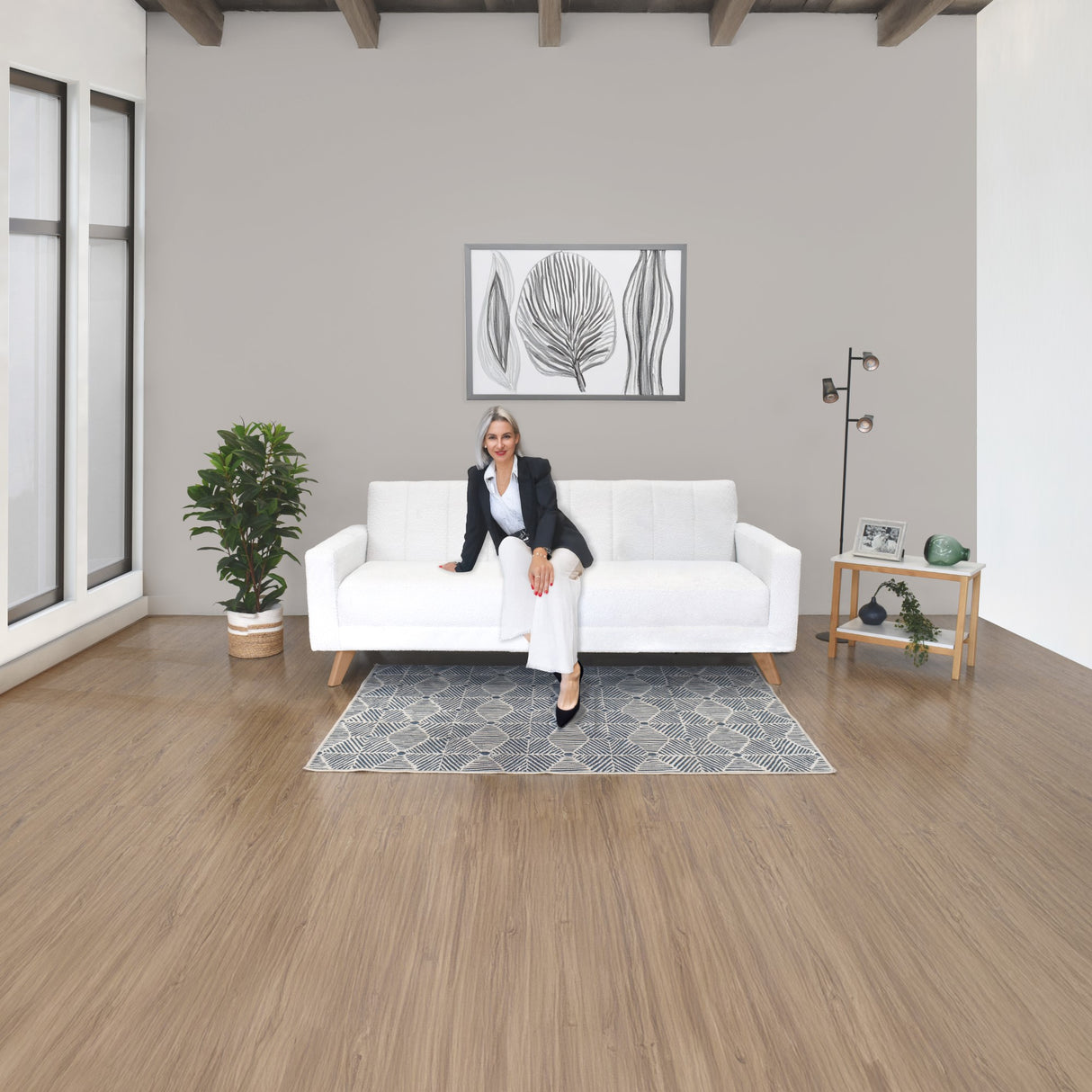 Sofá Cama Dominic Blanco Shaggy y Matiz Natural 206x80cm de Tres Puestos Reclinable con Apoya Brazos