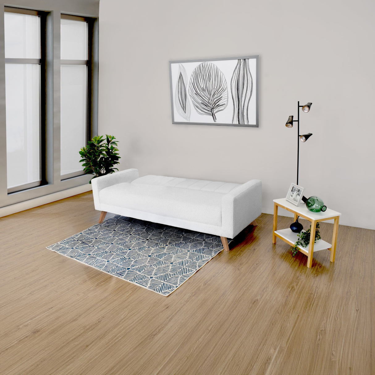 Sofá Cama Dominic Blanco Shaggy y Matiz Natural 206x80cm de Tres Puestos Reclinable con Apoya Brazos
