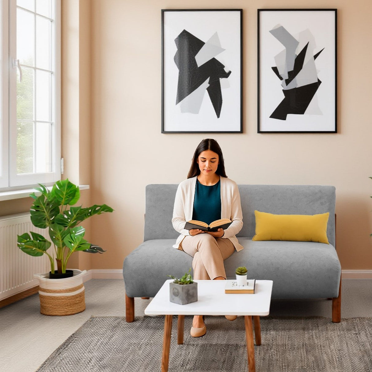 Sofá Dubi Gris Sky y Matiz Caoba 123x73cm de Dos Puestos sin Apoya Brazos