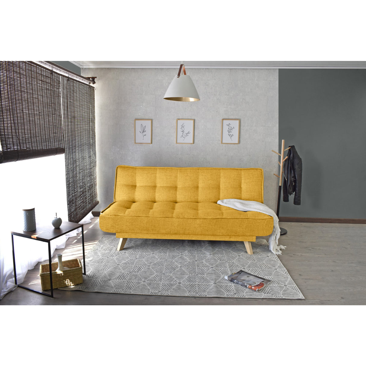 Sofá Cama Gales Mostaza Dicosta y Matiz Natural 180x84cm de Tres Puestos Reclinable sin Apoya Brazos