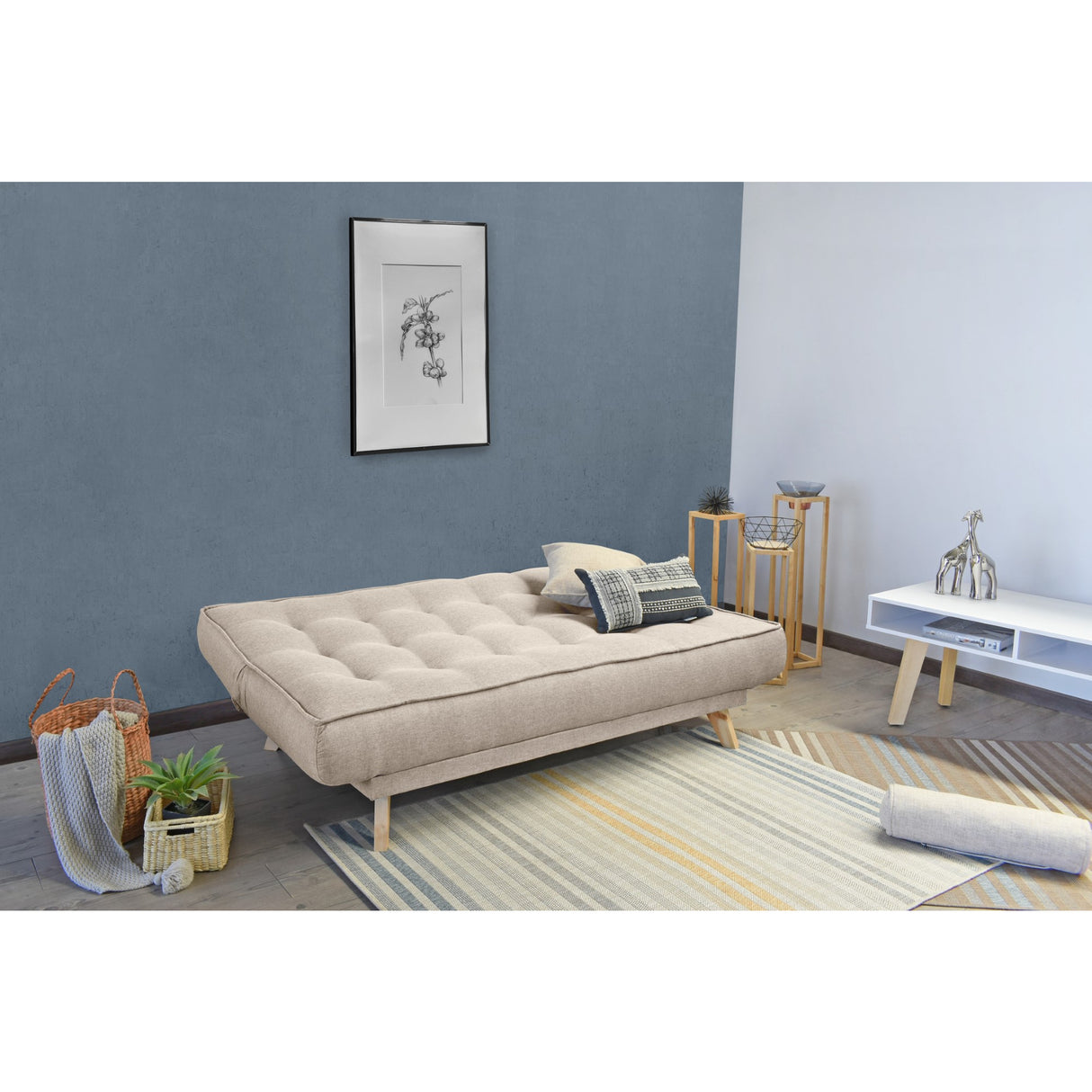 Sofá Cama Gales Beige Duster y Matiz Natural 180x84cm de Tres Puestos Reclinable sin Apoya Brazos