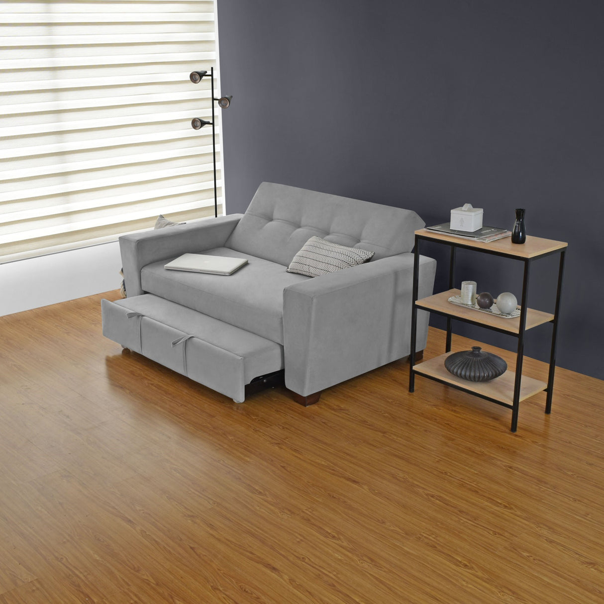 Sofá Cama Hamburgo Gris Denver y Matiz Wengue 160x86cm de Dos Puestos Reclinable sin Apoya Brazos