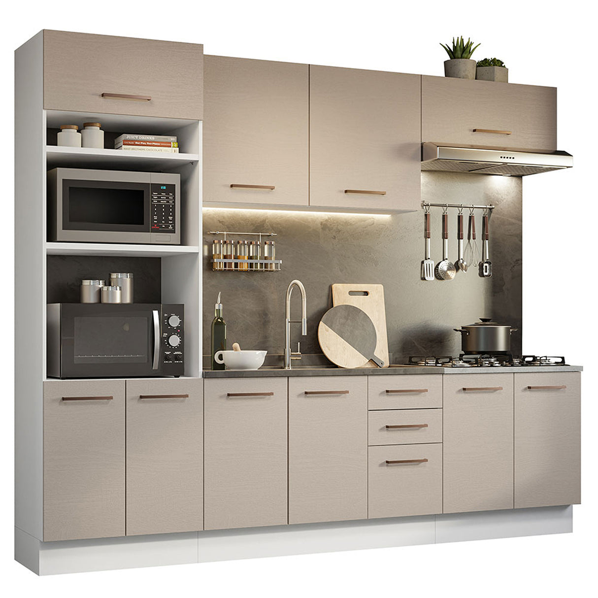 Cocina Integral Agata Blanco Crema 270x225cm para Mesón Lado Izquierdo sin Mesón y sin Estufa