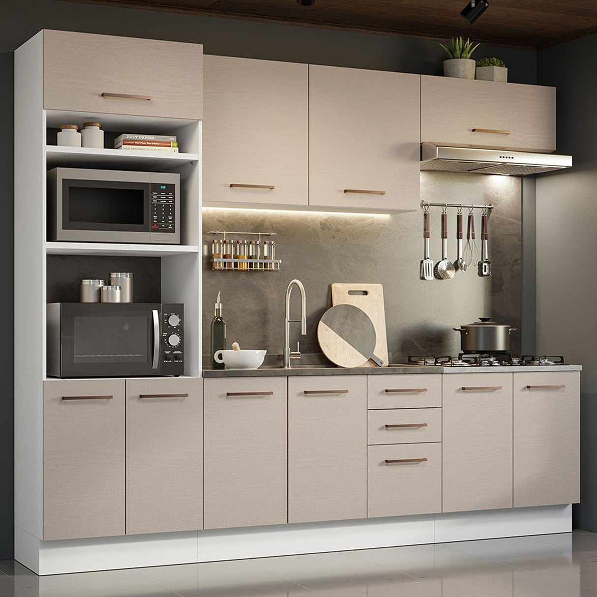 Cocina Integral Agata Blanco Crema 270x225cm para Mesón Lado Izquierdo sin Mesón y sin Estufa