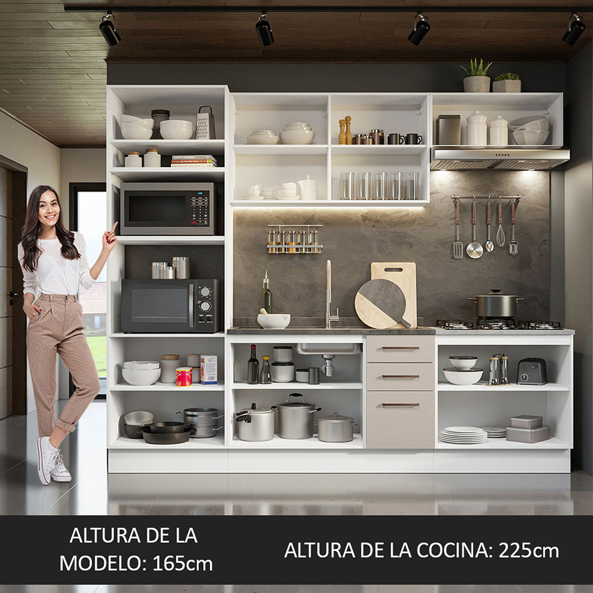 Cocina Integral Agata Blanco Crema 270x225cm para Mesón Lado Izquierdo sin Mesón y sin Estufa