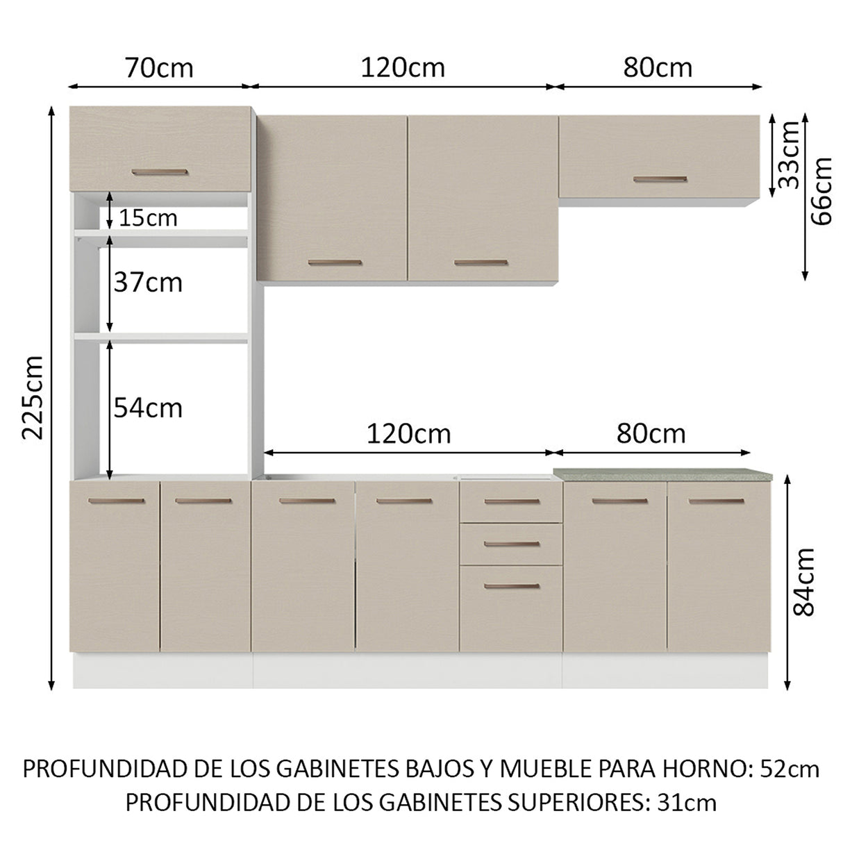Cocina Integral Agata Blanco Crema 270x225cm para Mesón Lado Izquierdo sin Mesón y sin Estufa
