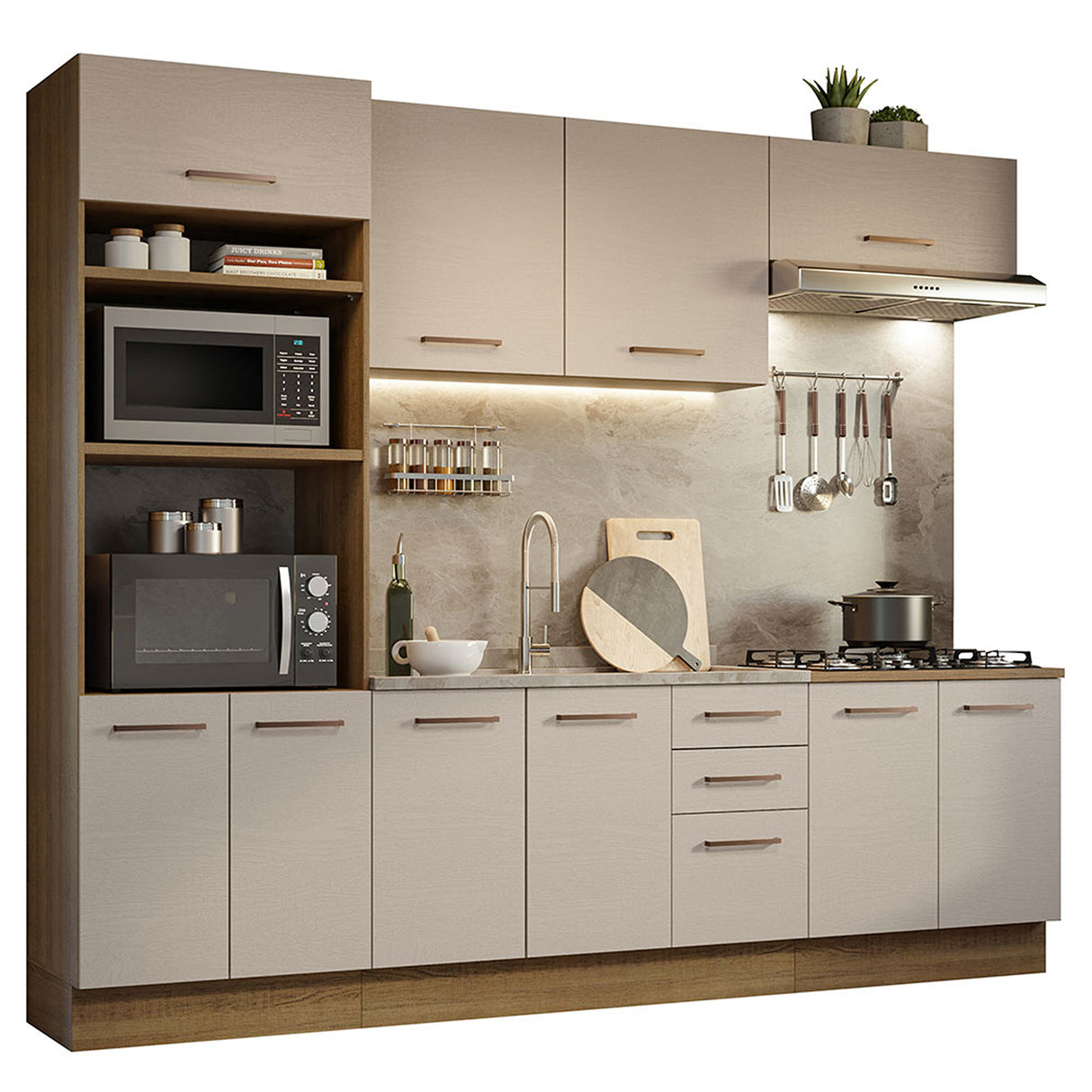 Cocina Integral Agata Marron y Crema 270x225cm para Mesón Lado Izquierdo sin Mesón y sin Estufa