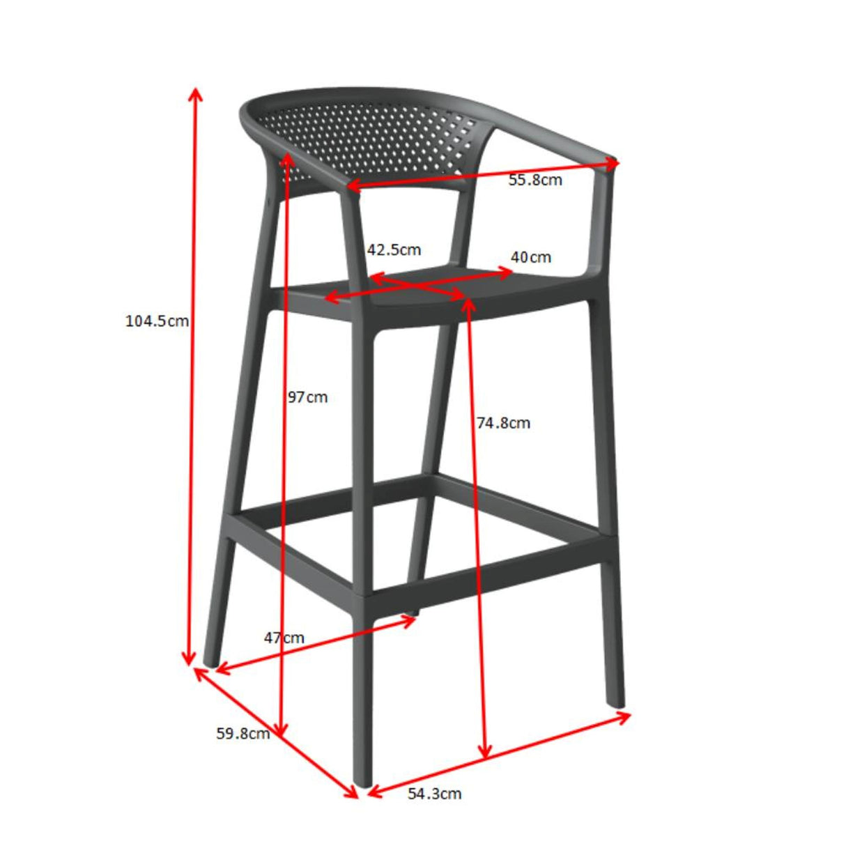 Silla Bar para Exteriores Salvador Negro 57x105cm con Espaldar y con Apoya Brazos