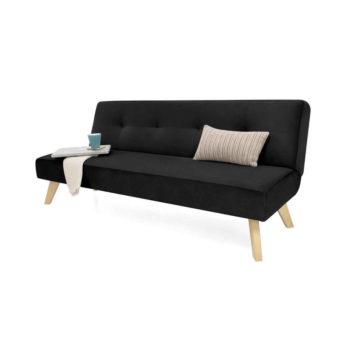Sofá Cama London Negro Denver y Matiz Natural 180x78cm de Dos Puestos Reclinable sin Apoya Brazos