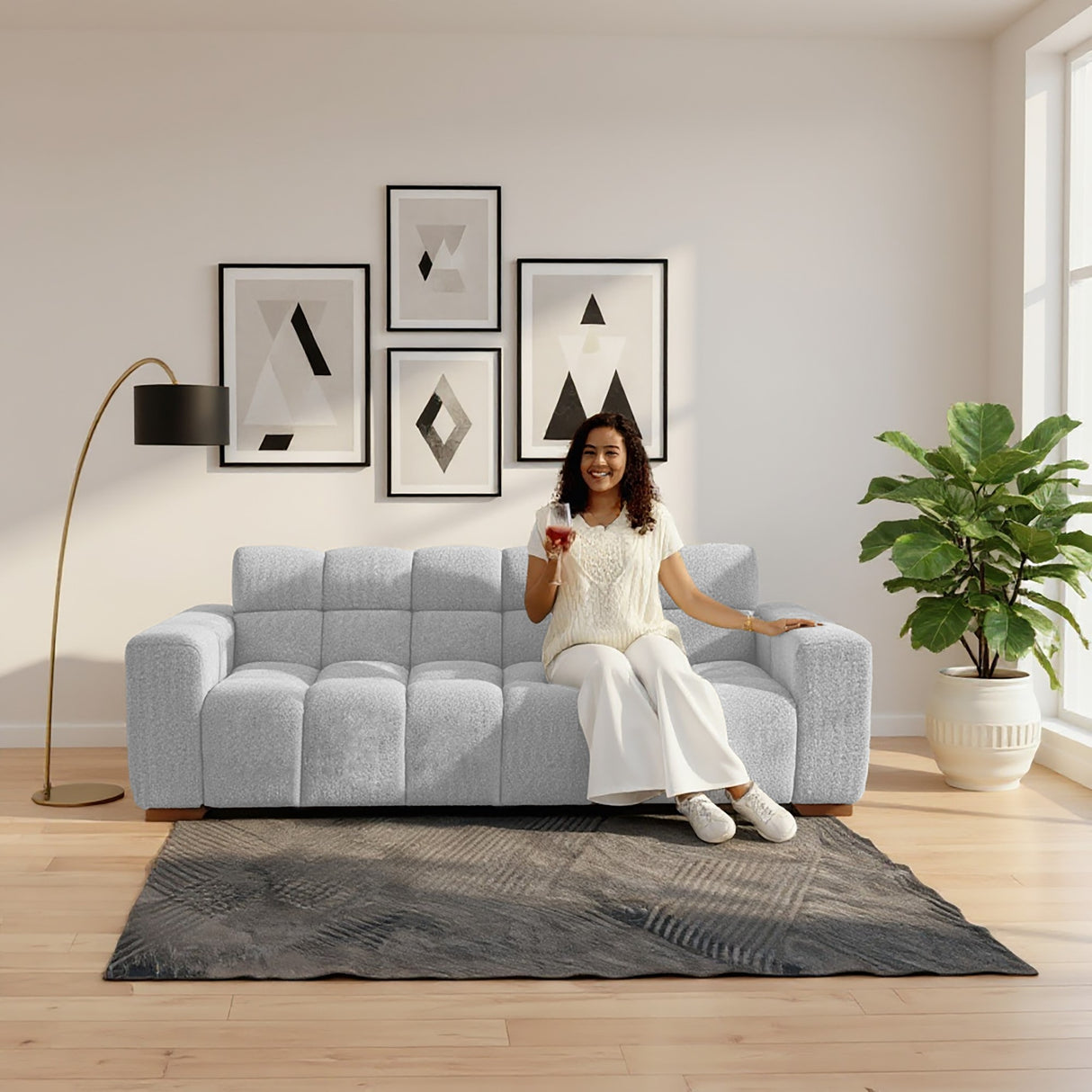 Sofá Cama Miami Plata Shaggy y Matiz Caoba 228x78cm de Tres Puestos Reclinable con Apoya Brazos