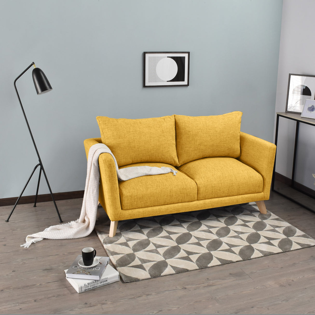 Sofá Montecarlo Mostaza Dicosta y Matiz Natural 170x90cm de Tres Puestos con Apoya Brazos
