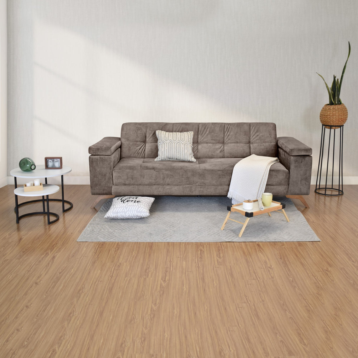 Sofá Cama Moretto Taupe Sky y Matiz Caoba 230x82cm de Tres Puestos Reclinable sin Apoya Brazos