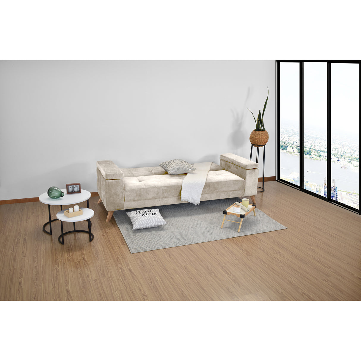 Sofá Cama Moretto Beige Sky y Matiz Caoba 230x82cm de Tres Puestos Reclinable sin Apoya Brazos