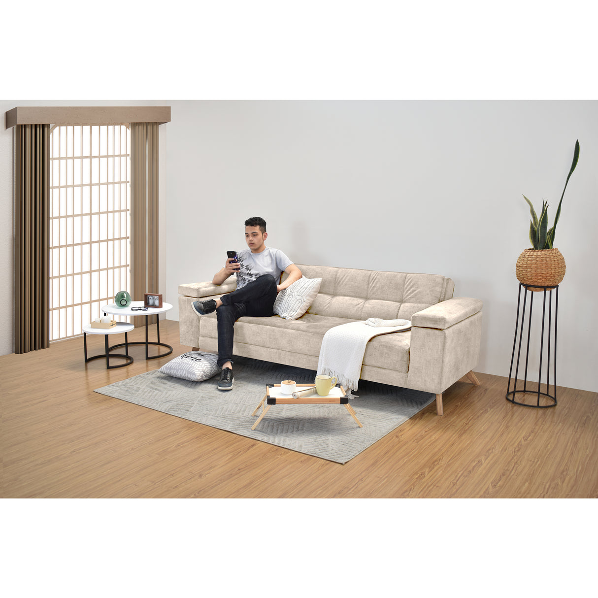 Sofá Cama Moretto Beige Sky y Matiz Caoba 230x82cm de Tres Puestos Reclinable sin Apoya Brazos