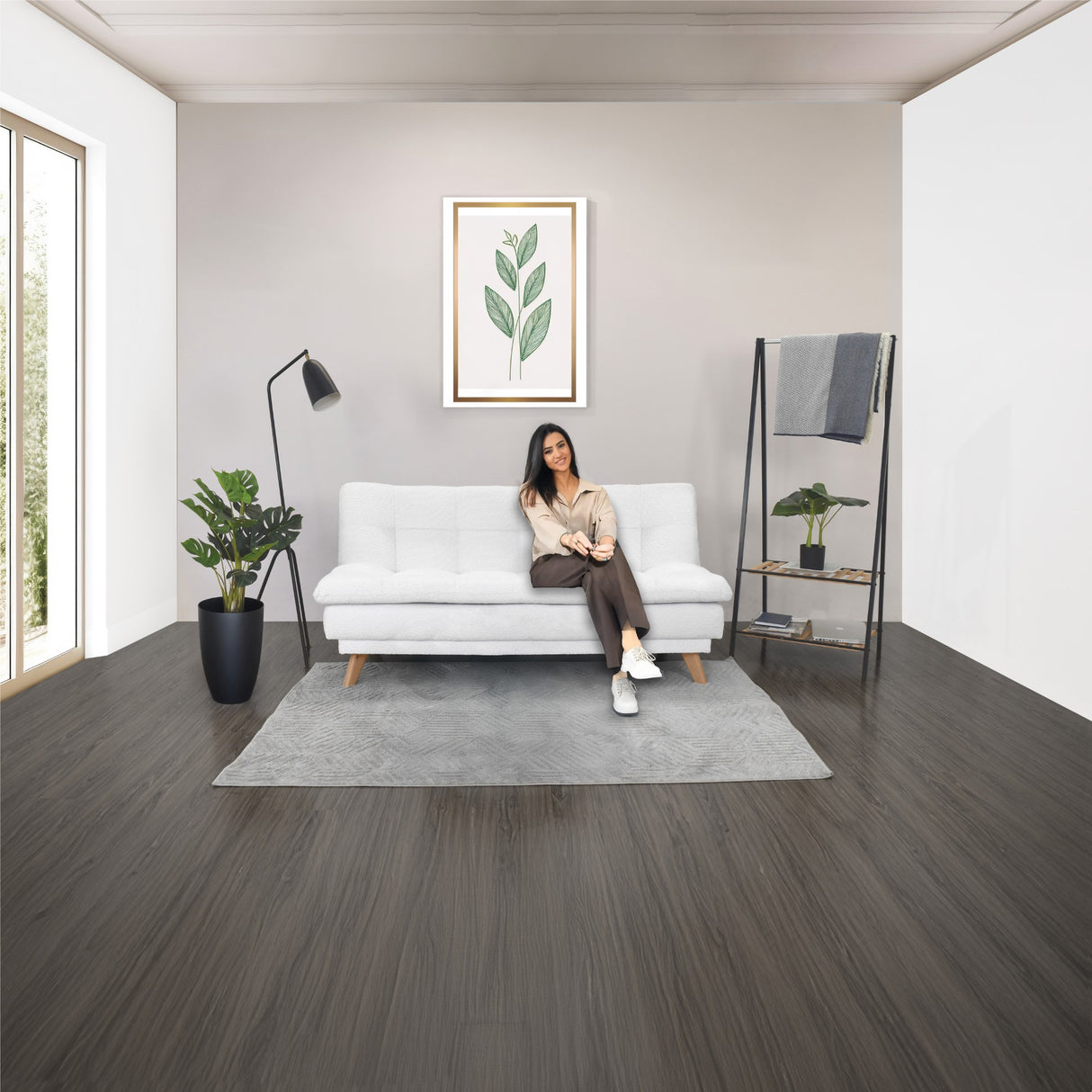 Sofá Cama Munich Blanco Shaggy y Matiz Natural 180x85cm de Tres Puestos Reclinable sin Apoya Brazos