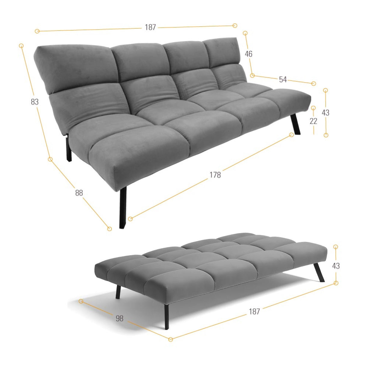 Sofá Cama Nivala Mostaza Denver y Metálico Negro 187x83cm de Tres Puestos Reclinable sin Apoya Brazos