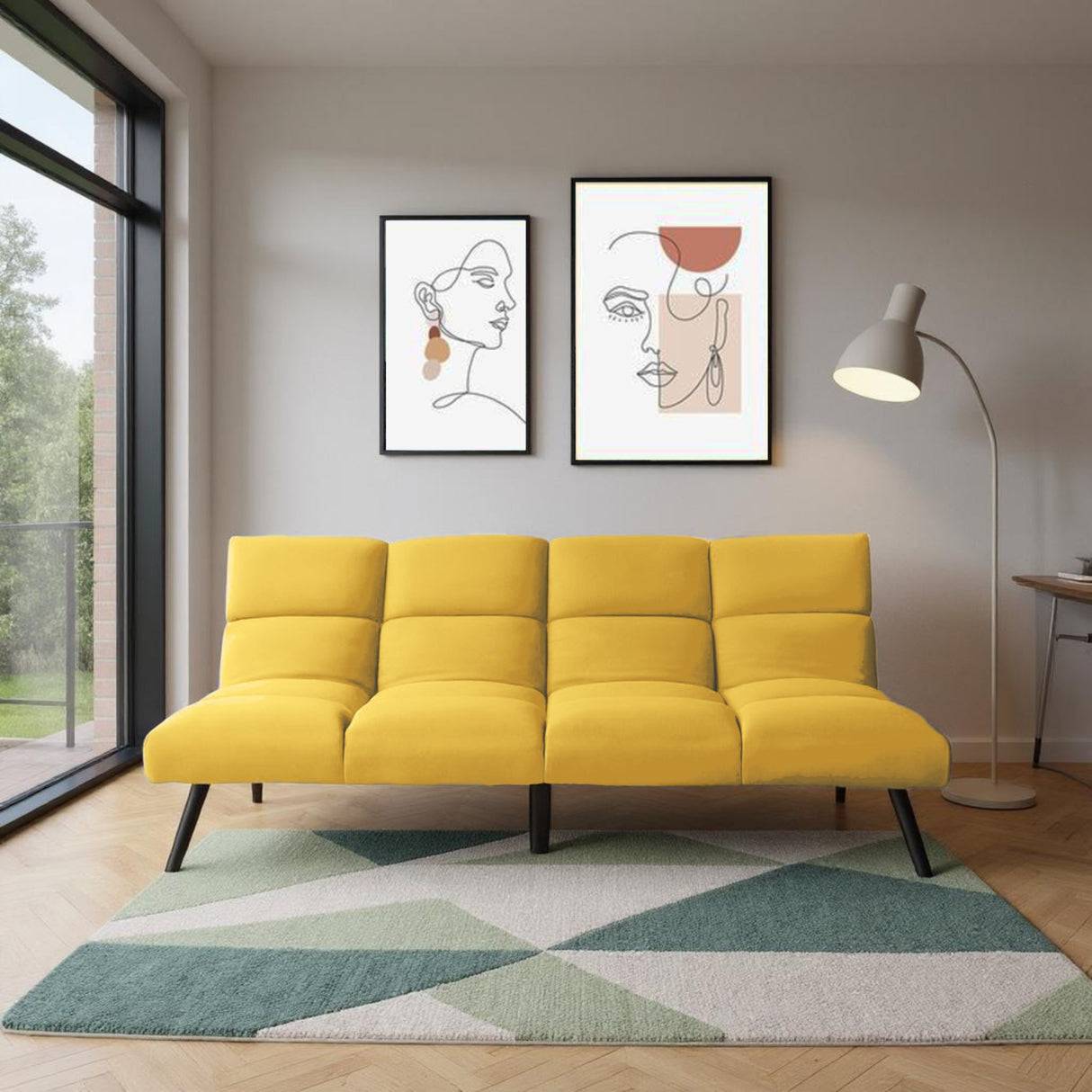 Sofá Cama Nivala Mostaza Denver y Metálico Negro 187x83cm de Tres Puestos Reclinable sin Apoya Brazos