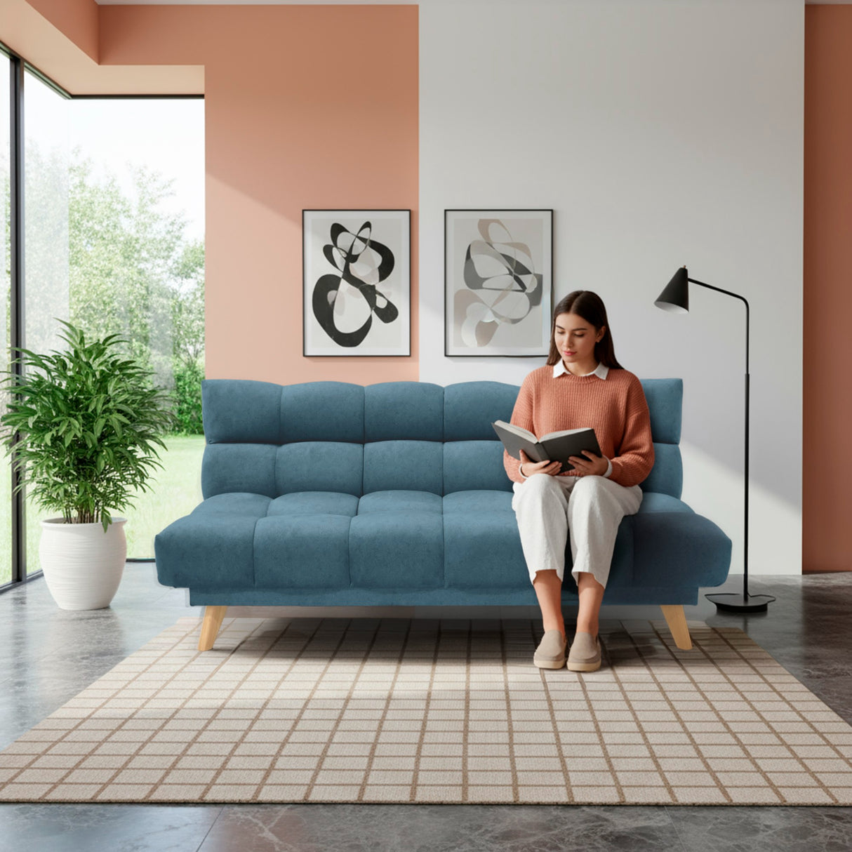 Sofá Cama Nubo Azul Sky y Matiz Natural 178x82cm de Tres Puestos Reclinable sin Apoya Brazos