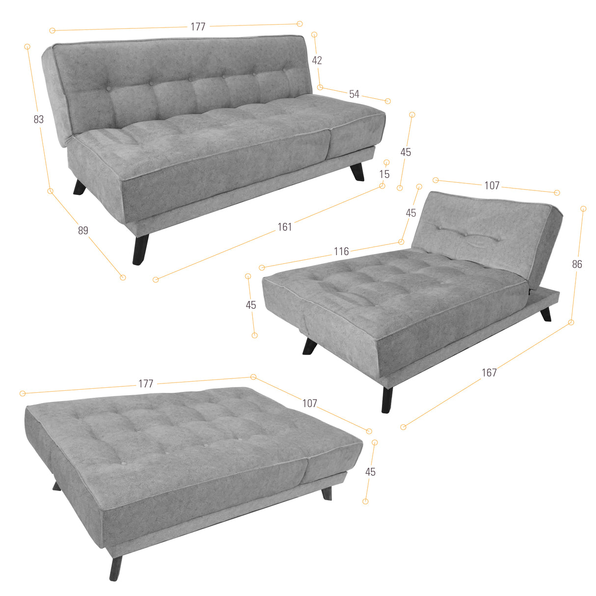 Sofá Cama Petra Gris Sky y Matiz Caoba 177x83cm de Tres Puestos Reclinable sin Apoya Brazos