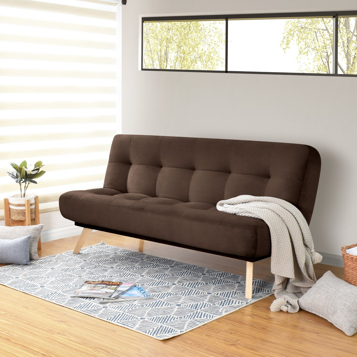 Sofá Cama Porto Chocolate Denver y Matiz Natural 182x85cm de Tres Puestos Reclinable sin Apoya Brazos