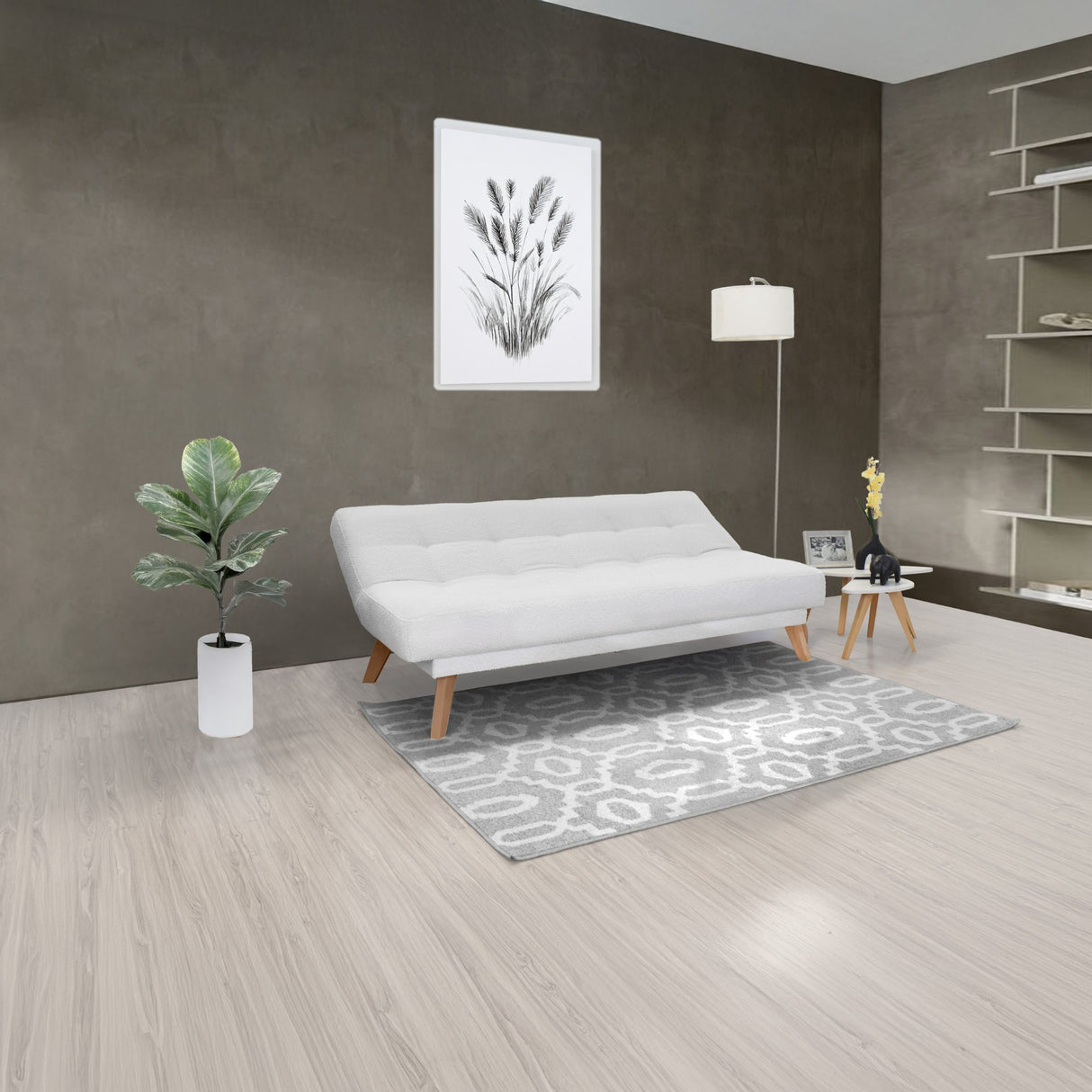 Sofá Cama Porto Blanco Shaggy y Matiz Natural 182x85cm de Tres Puestos Reclinable sin Apoya Brazos