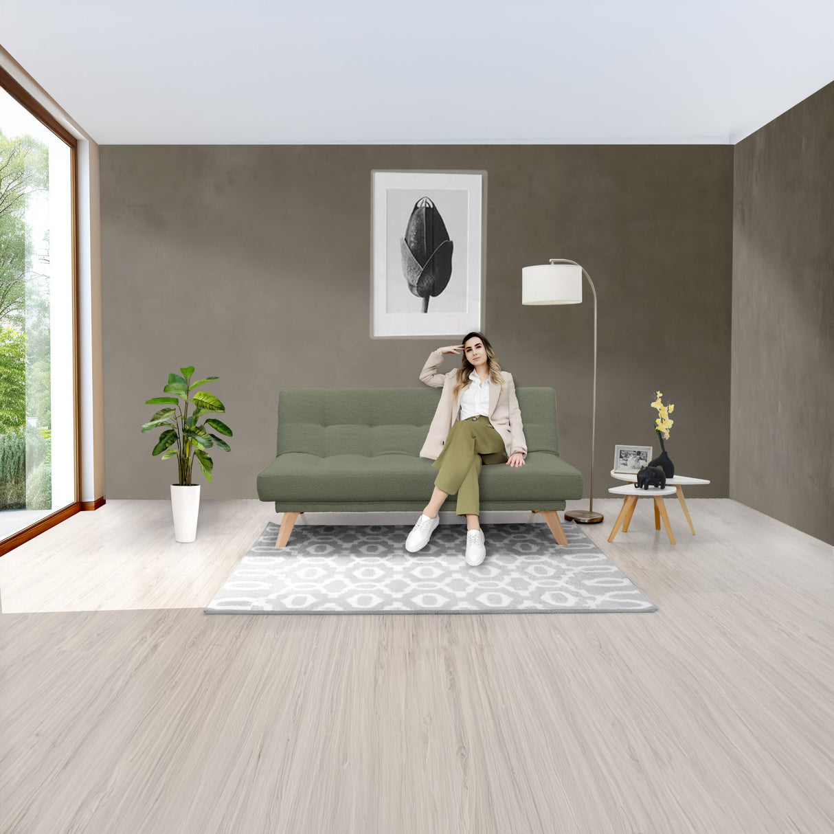 Sofá Cama Porto Verde Shaggy y Matiz Natural 182x85cm de Tres Puestos Reclinable sin Apoya Brazos